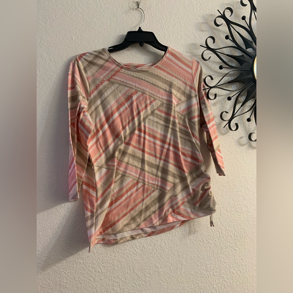 Allison Daley Pink and Gray Striped Top with Stud Accents